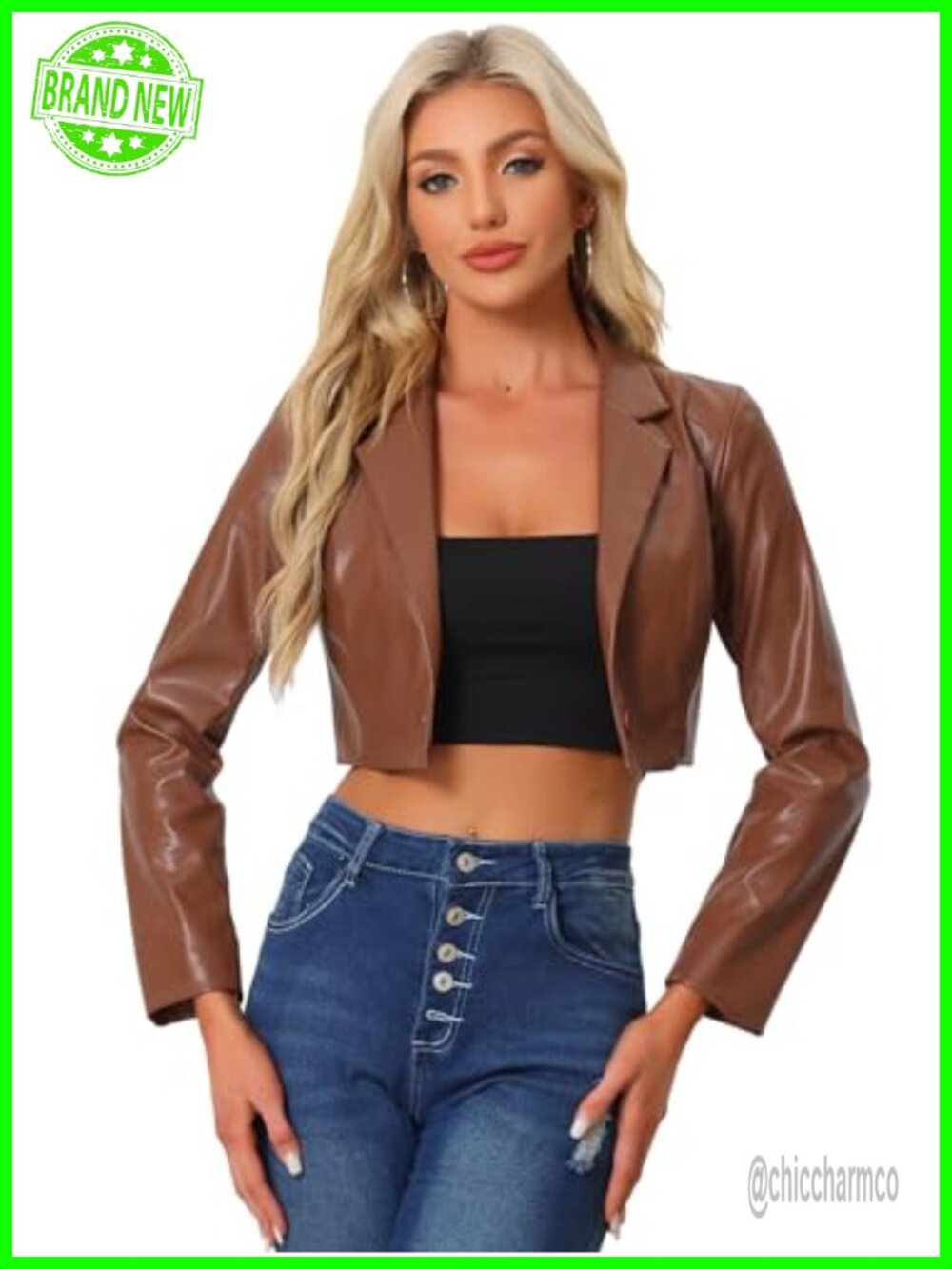 Cropped PU Leather Blazer Jacket One Button Notch Collar Concert Party
